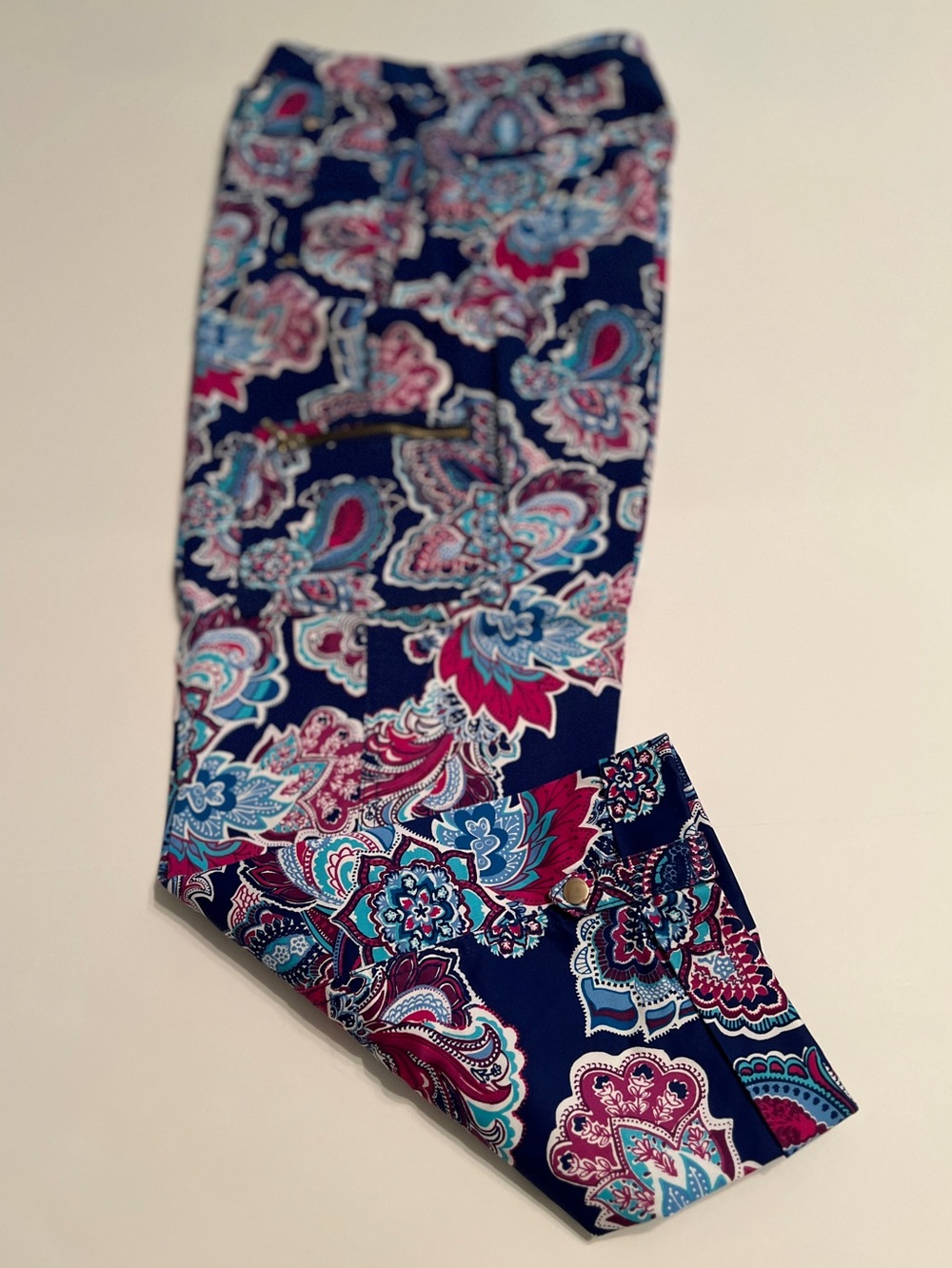 Chico's Navy Multicolor Paisley Cropped Pants - Picture 2 of 6